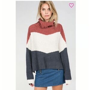 POOF New York Chenille Sweater Cowl Neck Color Block‎ Pullover Large